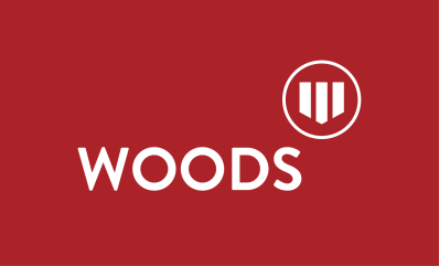 Woods logo white on red